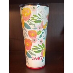 Swig Life 32 oz travel tumbler mug lid floral pink peach green white stainless